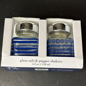 Indigo Daze Blue Design Glass Salt & Pepper Shakers 4.4oz Set of 2 NEW In BOX